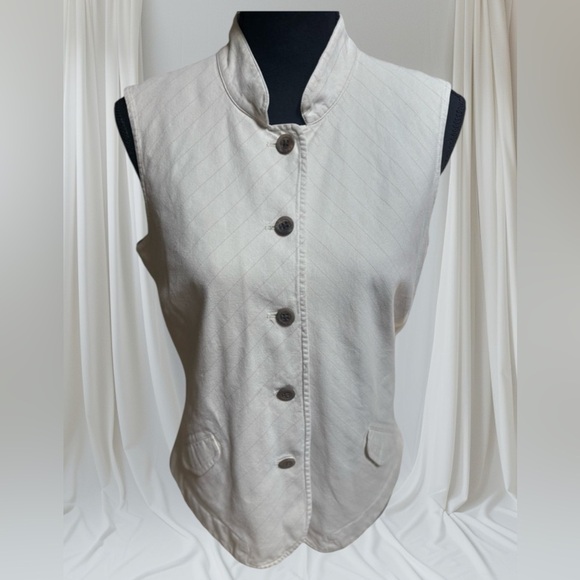 J. Jill Vest Linen Blend Tailored Button Down Cream Pinstriped Top Sz 14P - Picture 2 of 9